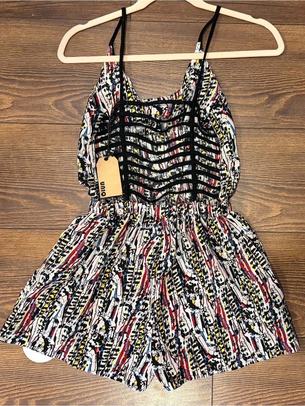 NWT UNIQ Abstract Print Romper Shorts, Open Back, Size S